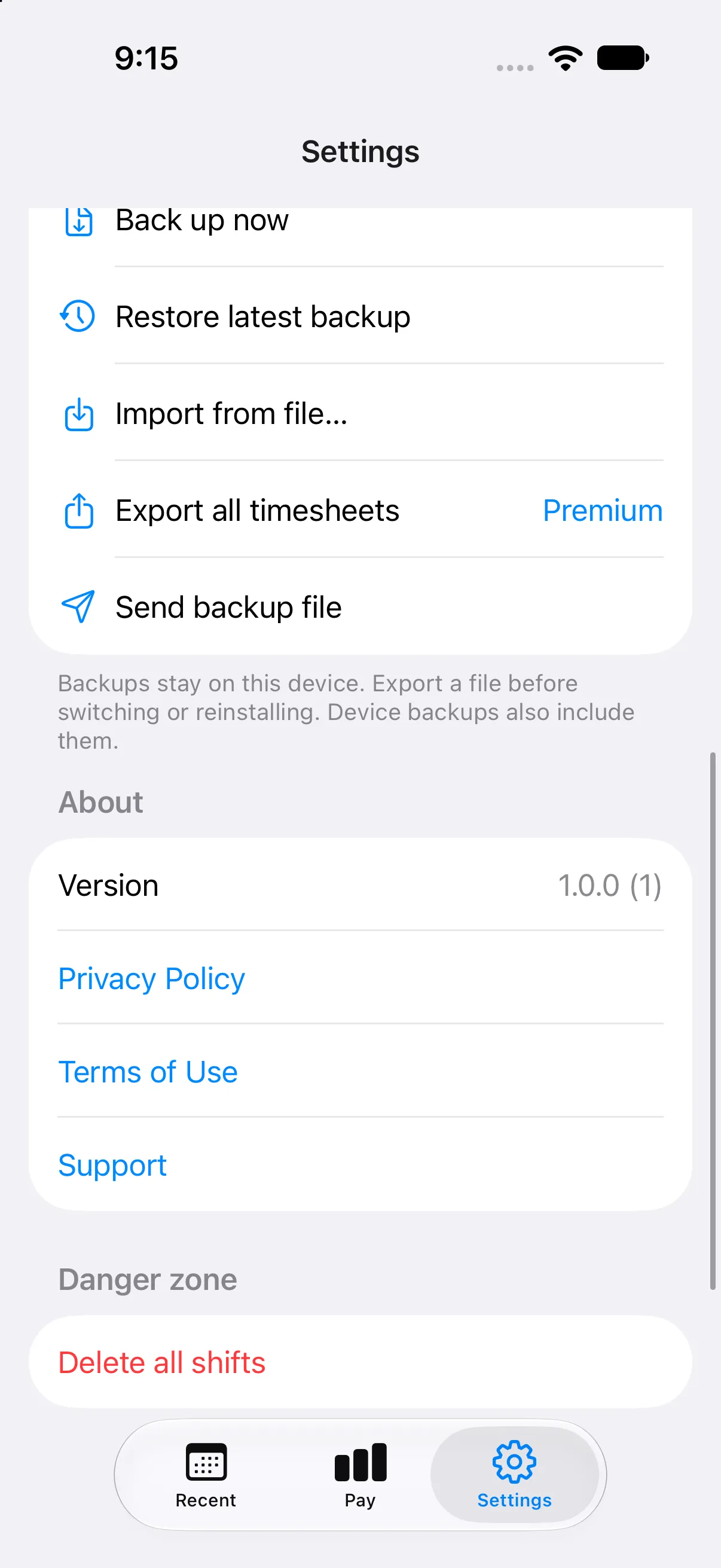Settings data section with backup, export, and restore options