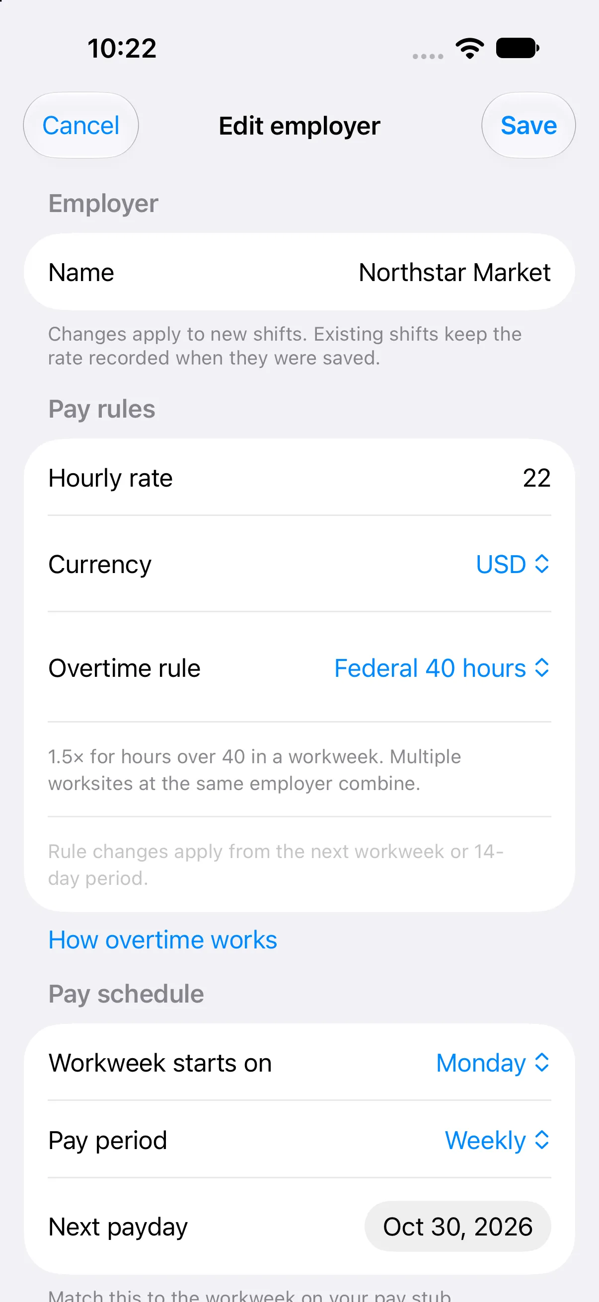 Employer settings with a Federal 40-hour overtime preset, workweek, and pay period