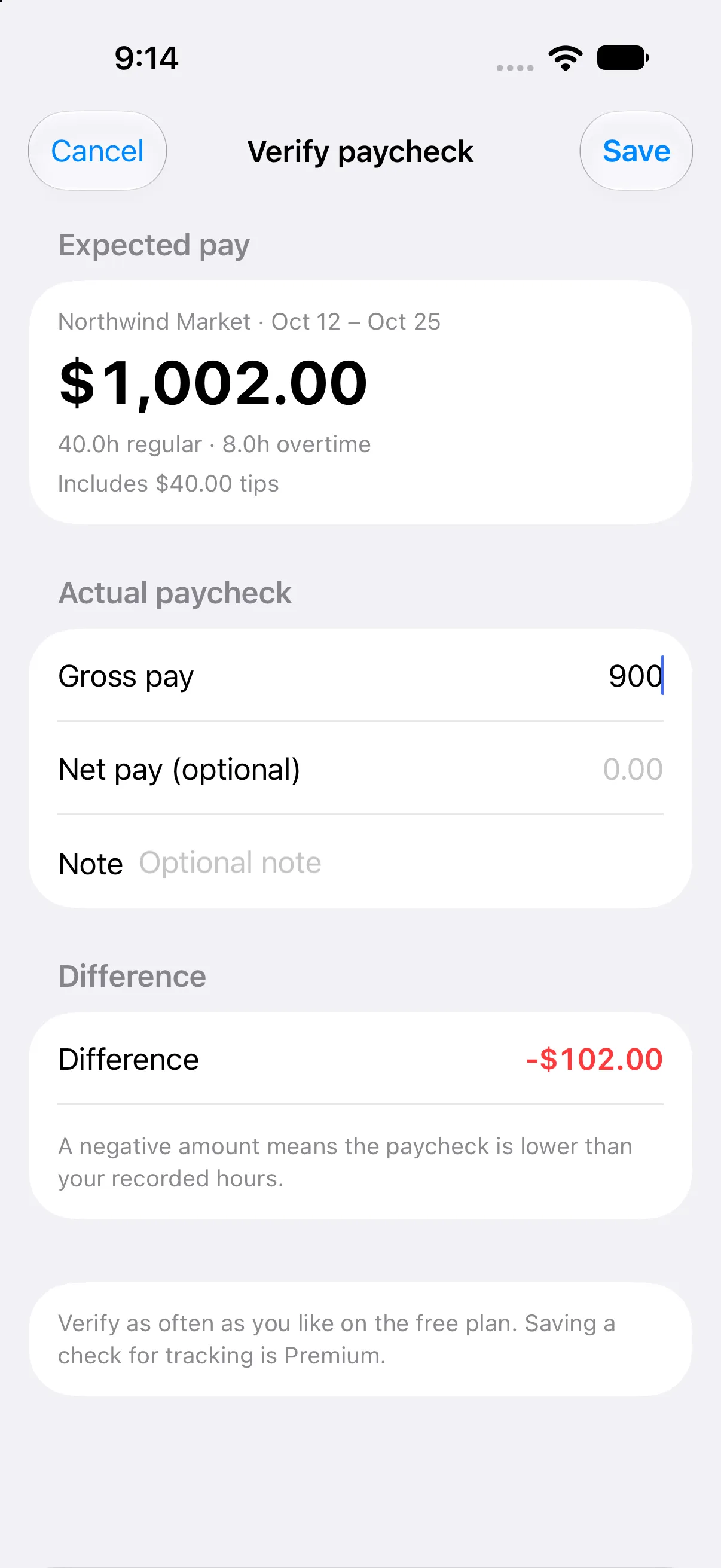 Verify paycheck screen showing expected pay, actual gross pay, and a negative difference