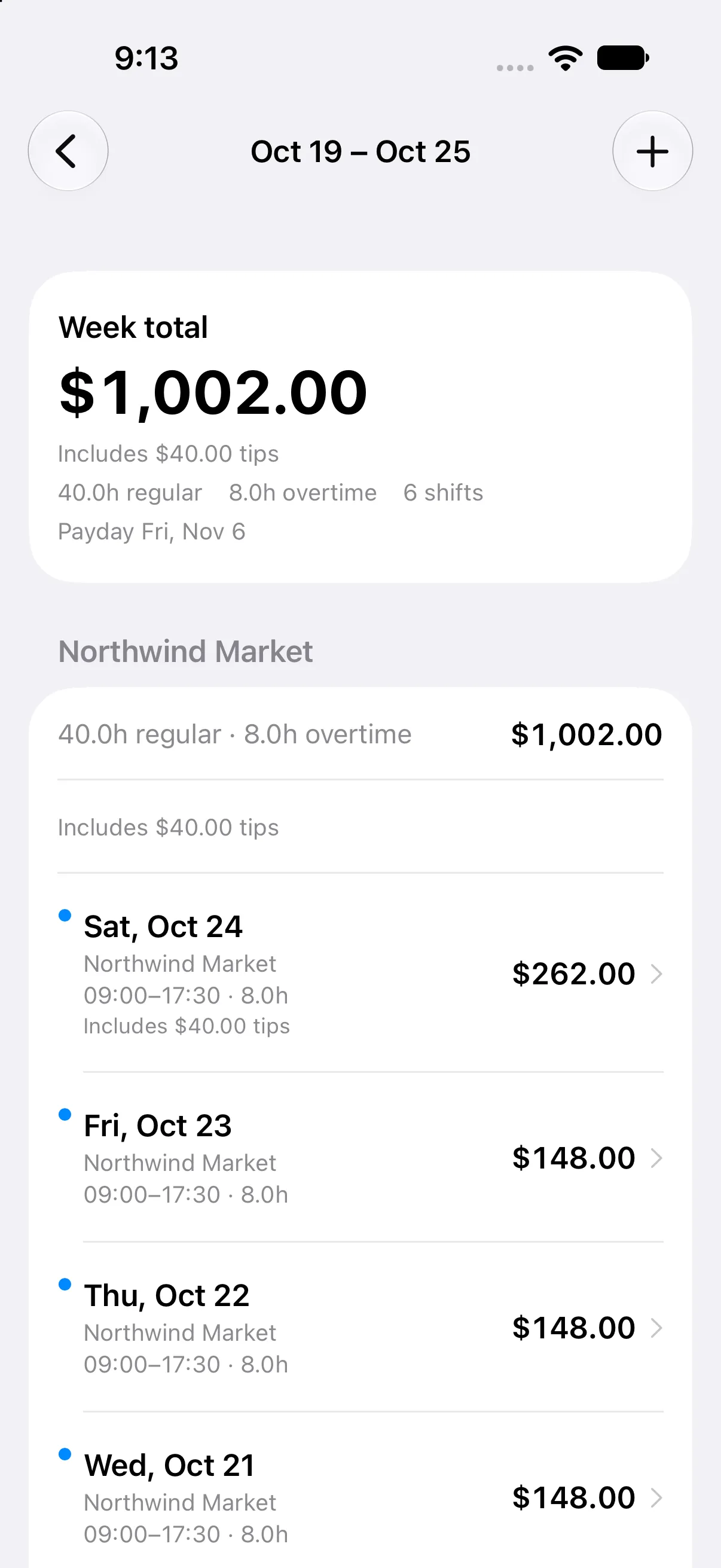 Paycheck Correct week detail showing gross pay, regular and overtime hours, and tips