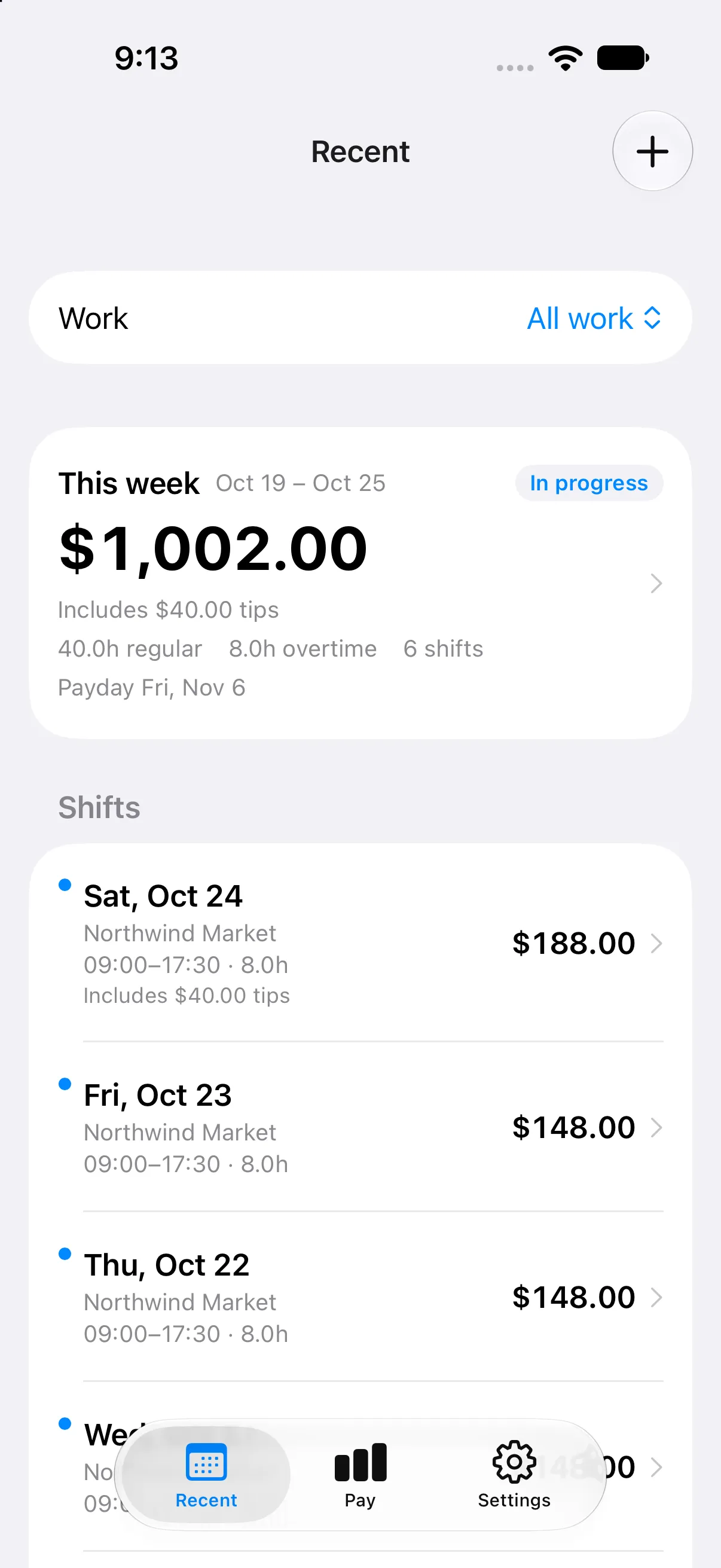 This week view with gross pay and overtime split